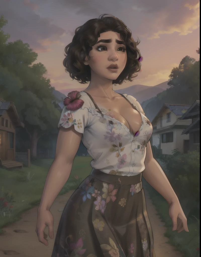 Mirabel,brown eyes,brown hair, sexy, nude,
white shirt,floral print,skirt,skin tight,
cleavage,
outdoors,small houses,
(insanely detailed, beautiful detailed face, masterpiece, best quality) cinematic lighting,