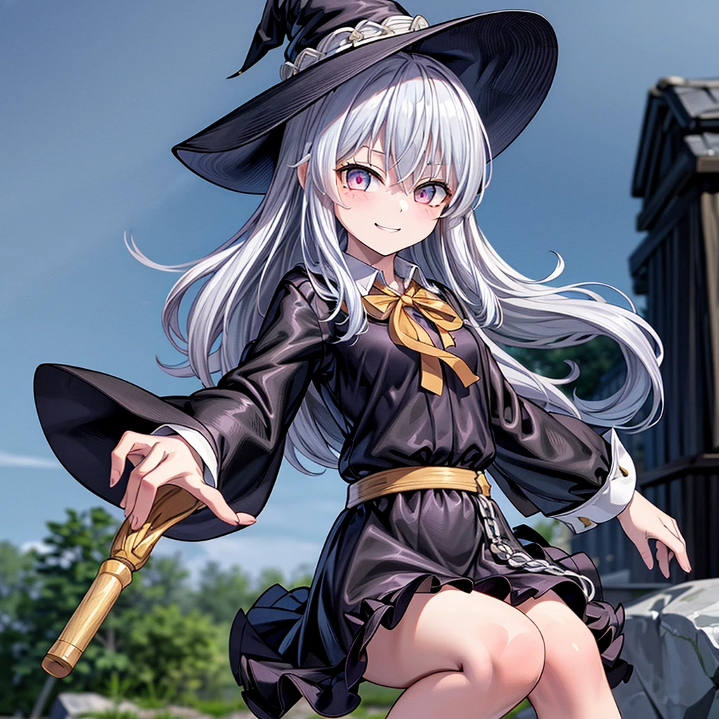 sit with knees raised, hugging knees, masterpiece, 1girl, glister hair, big eyes,((showing pussy)), armpit, (((sly smile))), sweat, wet, see-through, ((silver hair)), armpit through shirt sleeve, no bra, very loose shirt, white shirt, plead skirt, highly detailed face, highest detailed CG, perfect figure, perfect anatomy, medium breasts, slim, , solo, 1 girl, beach, mini skirt, full eye open, bangs, arm raiser, knee closed, leg close, Elaina, elaina \(majo no tabitabi\), black_headwear, black_robe, bow, bowtie, collared_shirt, hat, hooded_robe, long_hair, long_sleeves, open_clothes, open_robe, ribbon, robe, shirt, white_shirt, witch, witch_hat, yellow_bow, yellow_bowtie, yellow_ribbon, arms behind head,