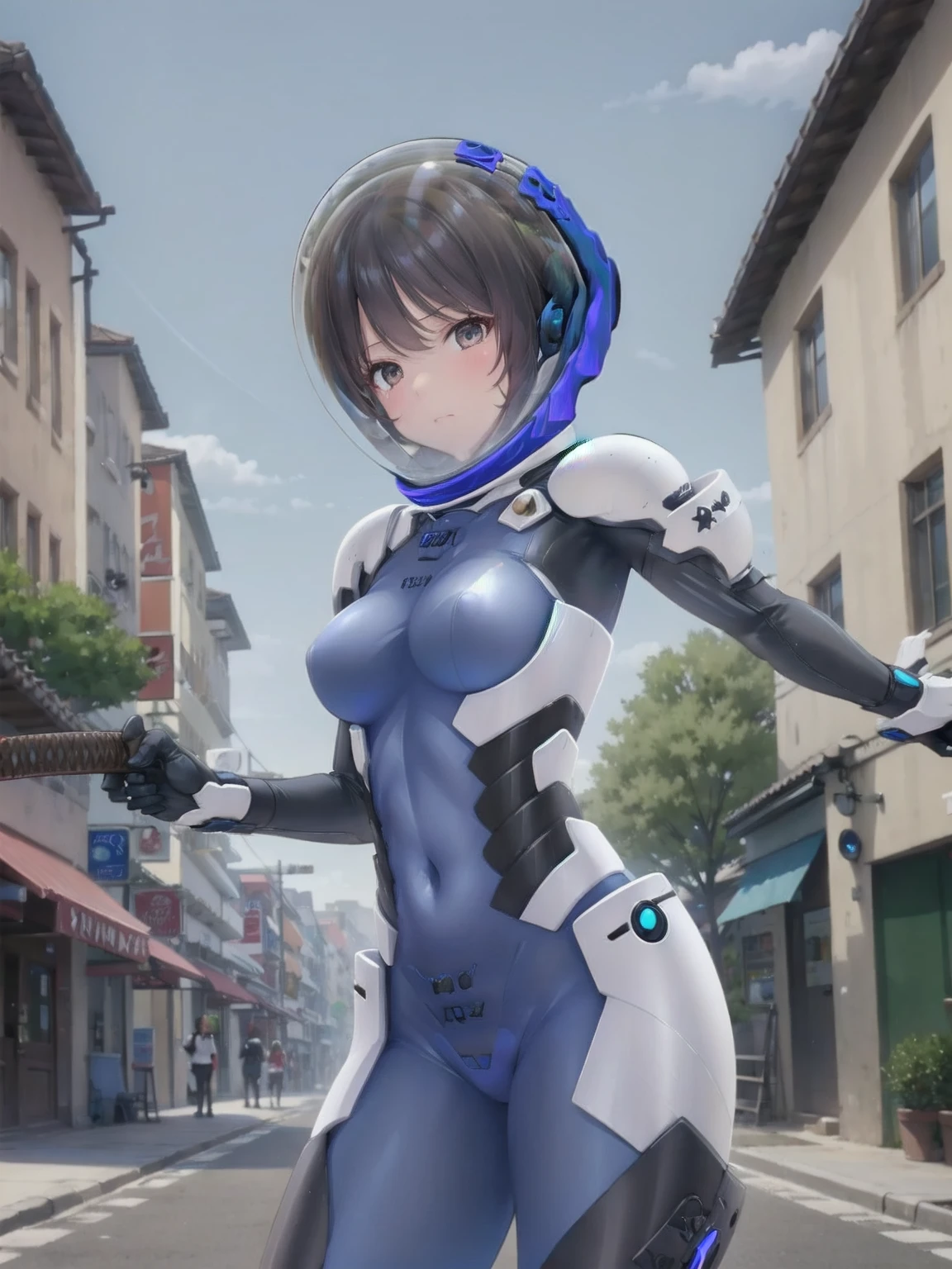 short hair, street, emo, BLACK hair, white eyes, eyeliner, apocalypse, (holding sword), astronaut, fighting stance,  girl,   running, road, city,  fortified suit, ((blue:1.5) plugsuit), short hair, outdoors, cinematic light,  medium breasts, covered navel, space helmet, muvluv, space helm, eva helmet,[[[[