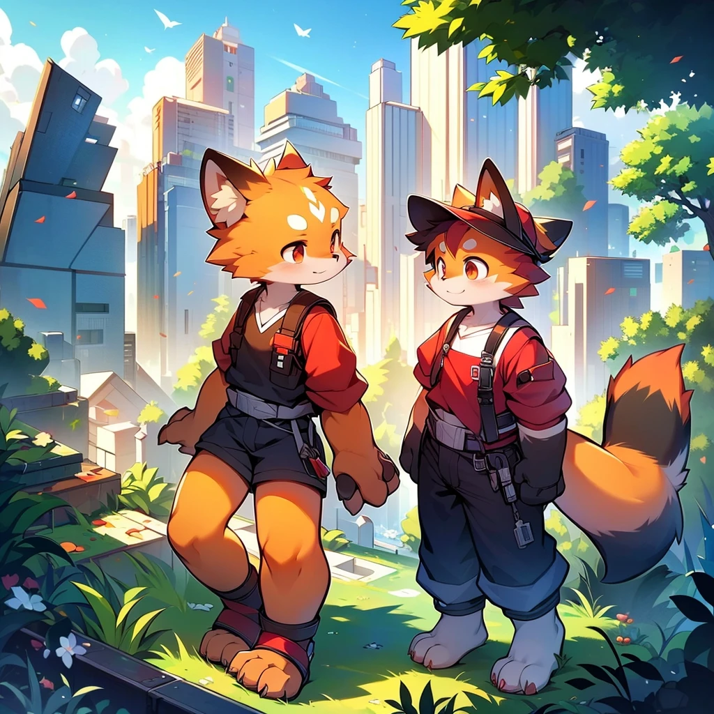 Red Panda Boy,8k resolution,Furry, Uniform attire,Red collar,feetは二つ,feetで立つ! towering,lanky,lanky,:slim body,:tall hands,feet,It's bright outside,Collapsed City,building,broken,・split arms,・bad anatomy,・bad body,