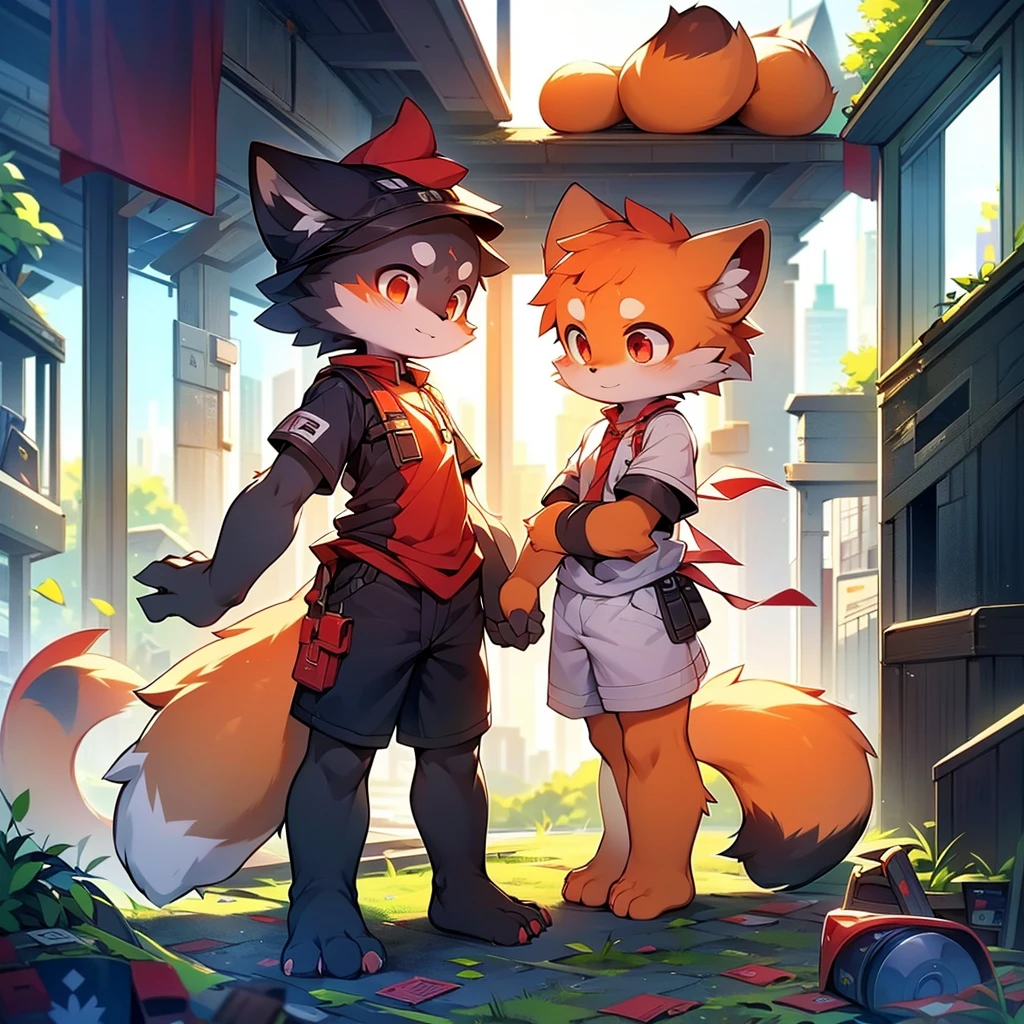 Red Panda Boy,8k resolution,Furry, Uniform attire,Red collar,feetは二つ,feetで立つ! towering,lanky,lanky,:slim body,:tall hands,feet,It's bright outside,Collapsed City,building,broken,・split arms,・bad anatomy,・bad body,