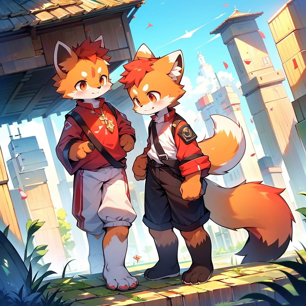 Red Panda Boy,8k resolution,Furry, Uniform attire,Red collar,feetは二つ,feetで立つ! towering,lanky,lanky,:slim body,:tall hands,feet,It's bright outside,Collapsed City,building,broken,・split arms,・bad anatomy,・bad body,