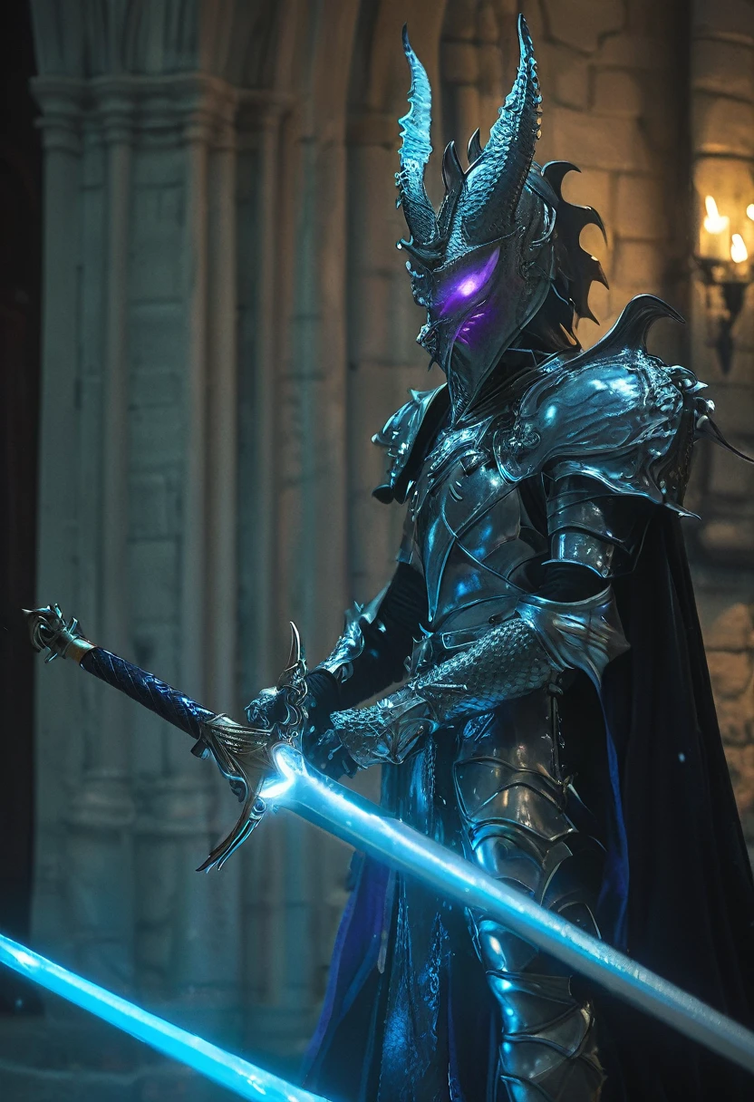 "ariel view of a fullbody skinny mask covered man with glowing eyes with a baby blue/purple algae glowing hatchling dragon wrapped around his shoulders, holds a bloody celestial sword filled silver with magic in his hand wears light dark glowing leather armor and a spiked helmet with a dark rainbow vibrant cloak standing in a dark room of the castle illuminated by candles, elden ring dark fantasy ultradetailed 64k 3d hdr, bioluminescent,