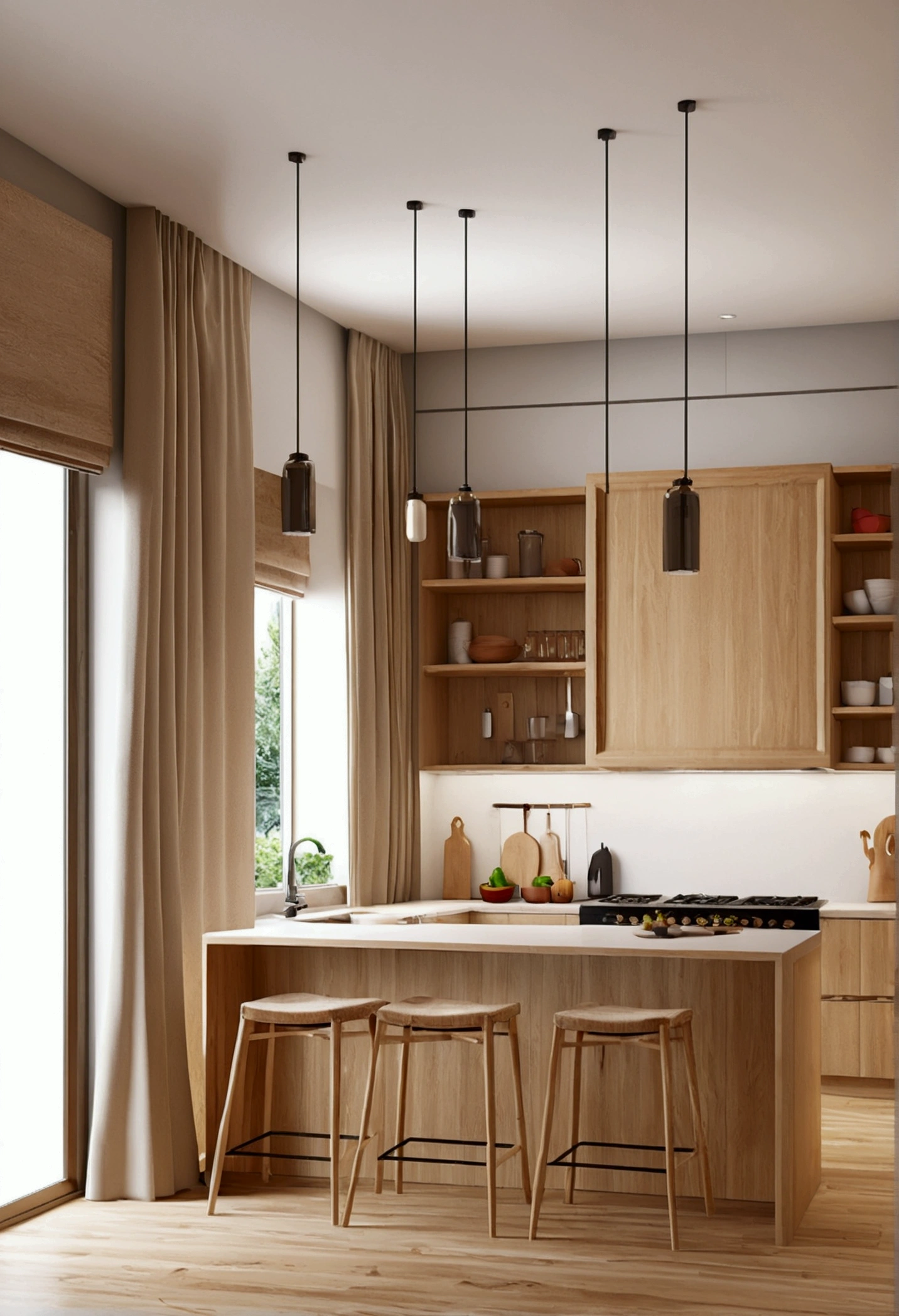 Professional 3d architecture rendering design of so modern and minimal kitchen with  light wooden color with beautiful curtains 