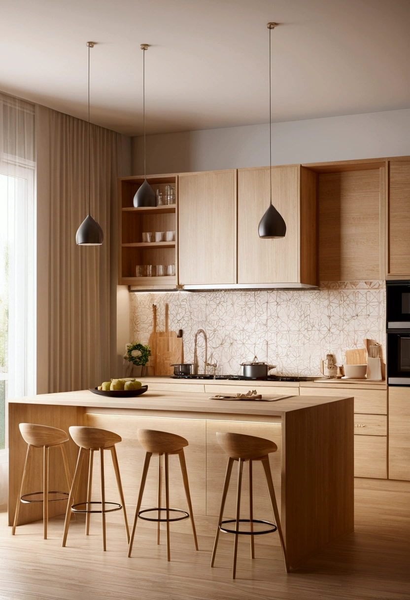 Professional 3d architecture rendering design of so modern and minimal kitchen with  light wooden color with beautiful curtains 