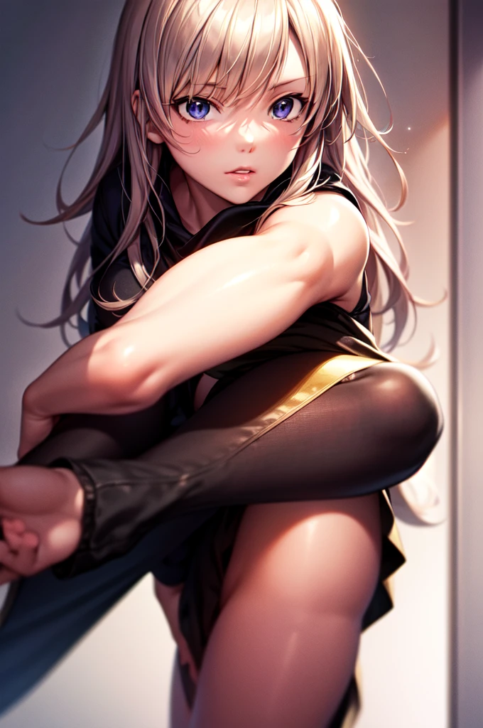 8K, detailed, anime, smooth anime CG art, masterpiece, high quality, highres, best quality, highres, 1girl, disheveled hair, illustration, focus on face, simple background, perfect face, perfect legs, no pants, full lips, add_detail:-3