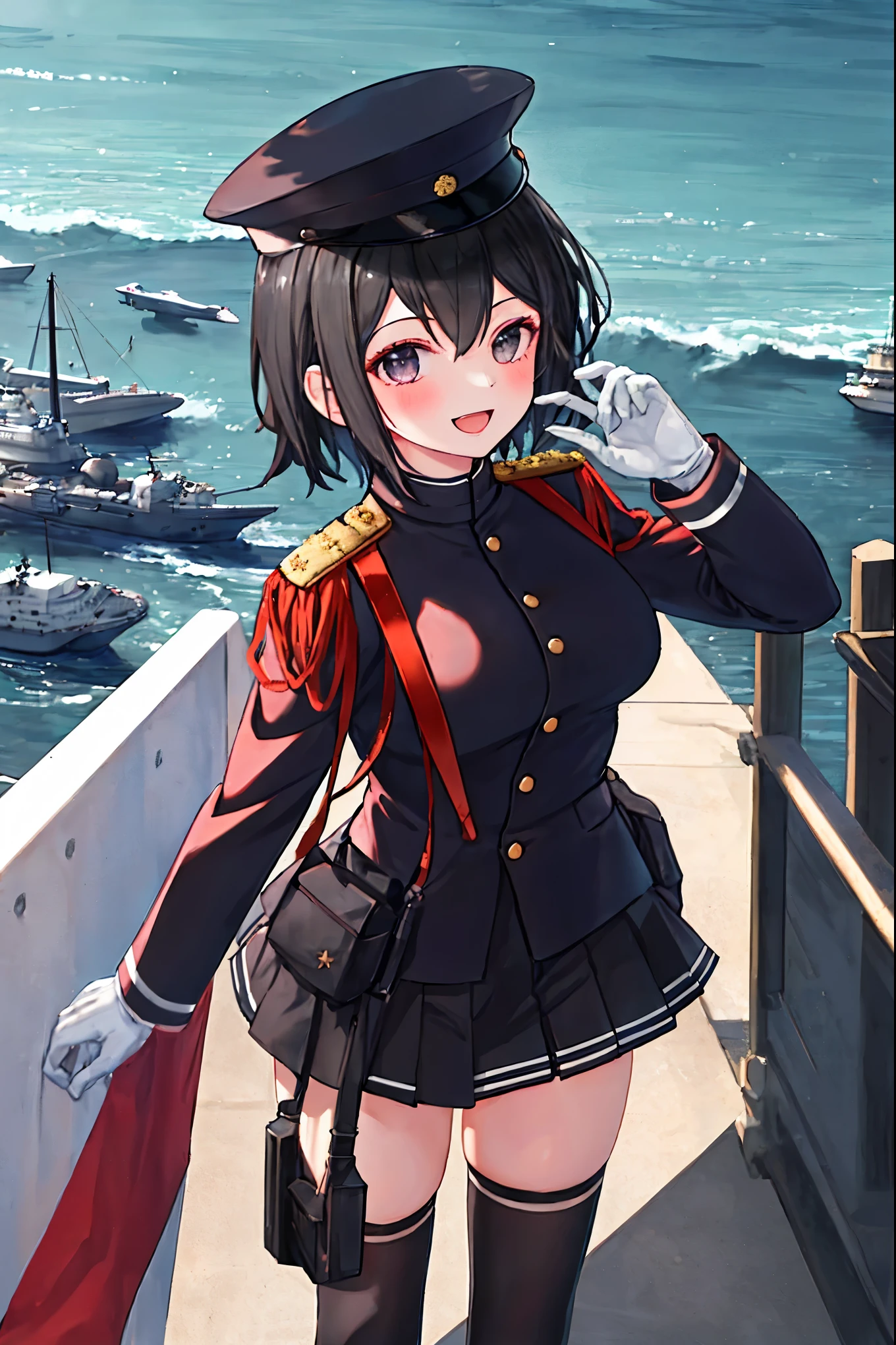 best quality, masterpiece, solo, {akitsu_maru_kantaicollection:1.15}, black_hair, short_hair, hat, peaked_cap, black_eyes, military, big_breasts, 1girl, black_headwear, looking_at_viewer,black_ military_uniform, uniform, military_hat, in_front_harbor_town_landscape_background, smile,(plump:0.7),,black_thigh-highs,joylight_open_mouth,