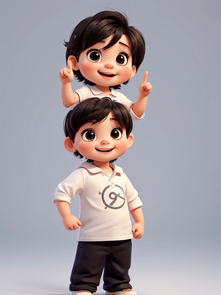 The image shows a cute baby with big smile standing with their left hand raised, making a gesture that could be interpreted as a peace sign or victory pose. They are wearing a white shirt and dark pants. The background is black.