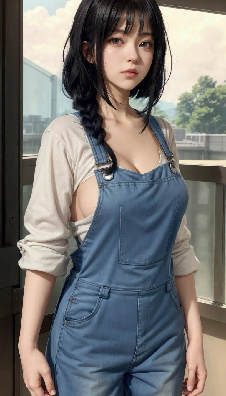 anime girl with black hair and blue overalls standing in front of a window, marin kitagawa fanart, makoto shinkai style, wearing overalls, makoto shinkai ( apex legends ), blue overalls, hinata hyuga, 🤤 girl portrait, makoto shinkai art style, female protagonist 👀 :8, artist wearing overalls, as an anime character , white eyes, big breast , cleavage