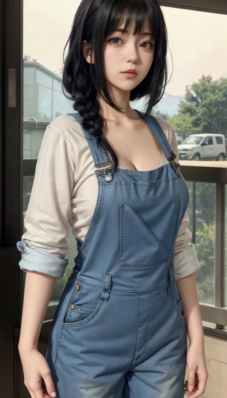 anime girl with black hair and blue overalls standing in front of a window, marin kitagawa fanart, makoto shinkai style, wearing overalls, makoto shinkai ( apex legends ), blue overalls, hinata hyuga, 🤤 girl portrait, makoto shinkai art style, female protagonist 👀 :8, artist wearing overalls, as an anime character , white eyes, big breast , cleavage