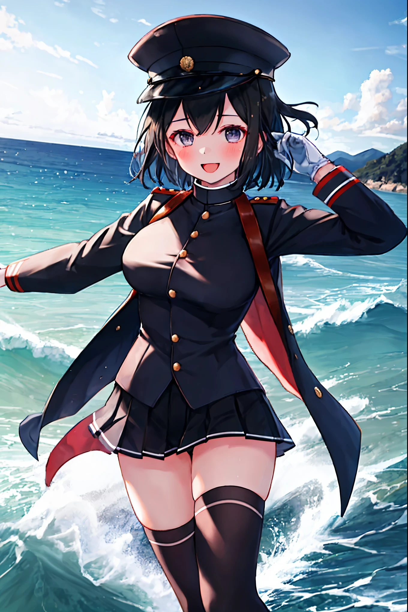 best quality, masterpiece, solo, {akitsu_maru_kantaicollection:1.15}, black_hair, short_hair, hat, peaked_cap, black_eyes, military, big_breasts, 1girl, black_headwear, looking_at_viewer,black_ military_uniform, uniform, military_hat, sea_landscape_background, smile,(plump:0.7),,black_thigh-highs,joylight_open_mouth,