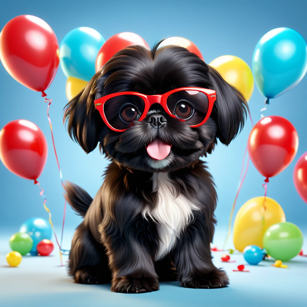 2 adorable small black shih tzu puppies, wearing red sunglasses, playing with colorful balloons, 3d cartoon, 3d render, disney pixar style, bright vibrant colors, cute, whimsical, charming, fun, playful, best quality, 4k, 8k, highres, masterpiece:1.2, ultra-detailed, realistic, photorealistic:1.37, hdr, studio lighting, extremely detailed, professional, vivid colors, bokeh
