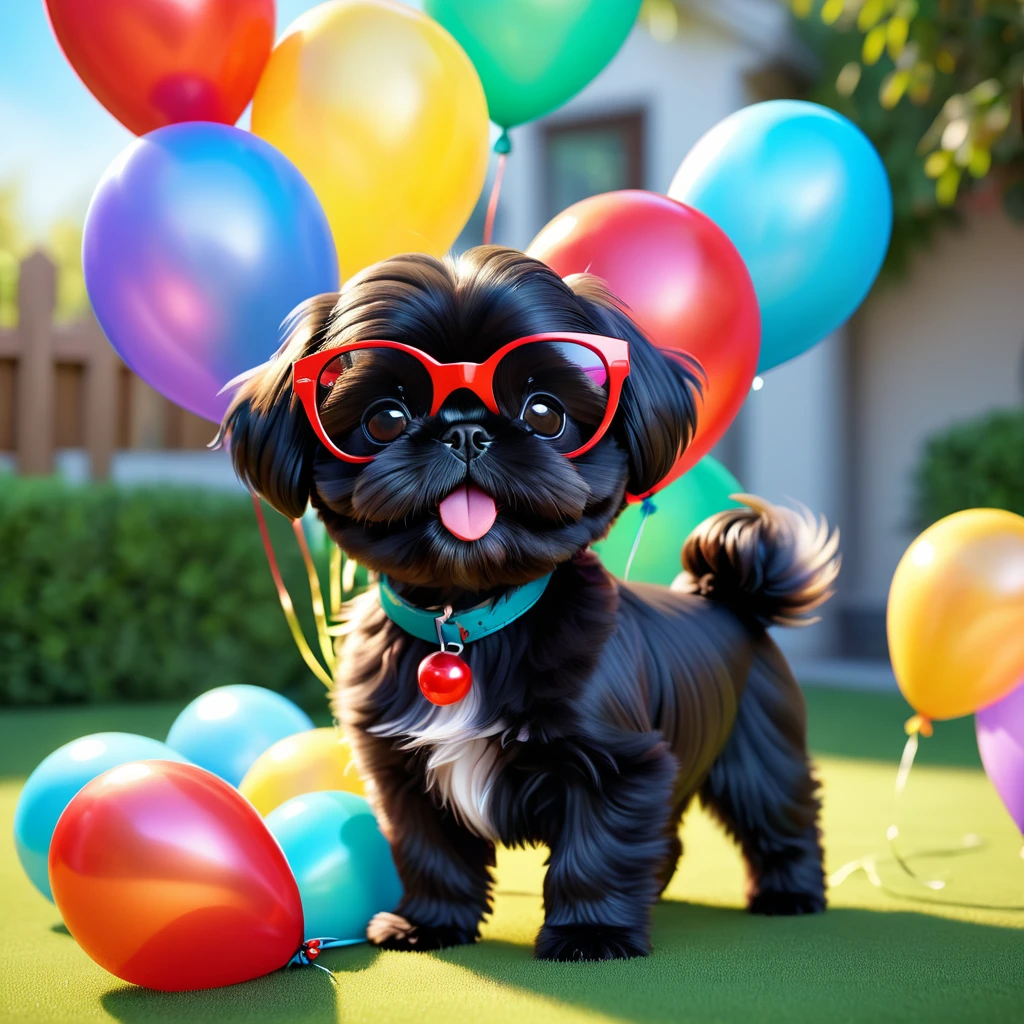 2 adorable small black shih tzu puppies, wearing red sunglasses, playing with colorful balloons, 3d cartoon, 3d render, disney pixar style, bright vibrant colors, cute, whimsical, charming, fun, playful, best quality, 4k, 8k, highres, masterpiece:1.2, ultra-detailed, realistic, photorealistic:1.37, hdr, studio lighting, extremely detailed, professional, vivid colors, bokeh