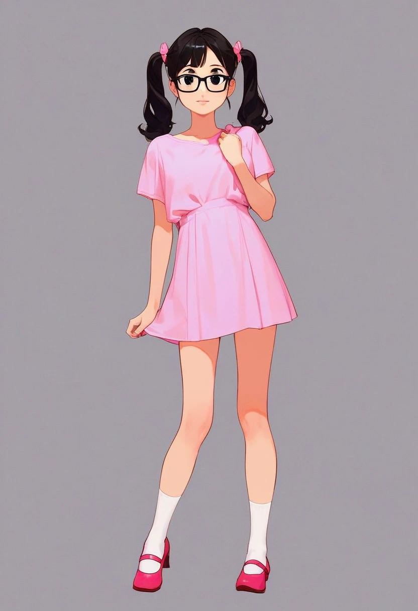 =ashley, 1girl, solo, full body, black glasses, black hair, pig tails, pink shirt, short sleeves, white socks, pink mary janes, black eyes, simple background