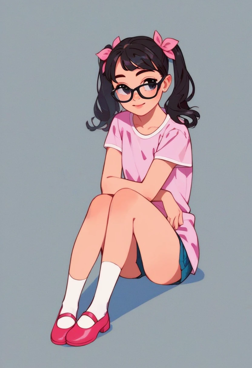 =ashley, 1girl, solo, full body, black glasses, black hair, pig tails, pink shirt, short sleeves, white socks, pink mary janes, black eyes, simple background