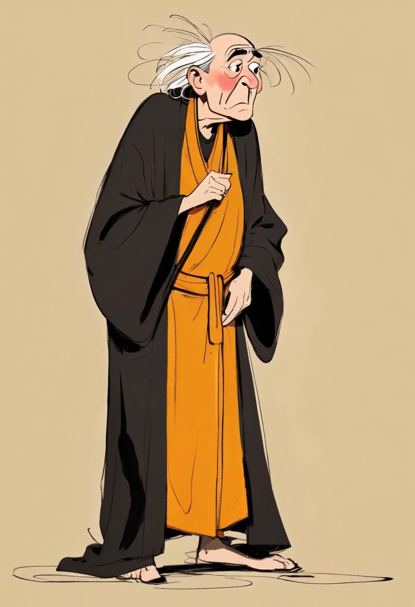(((Exaggerated digital character sketches:1.37,Matchstick Men))).(1 Old man in a robe,Hunched over,rickets,(Exaggerated expression,),(Black sketch lines,Loose brushstrokes create the outline,Cartoon Style. Bright colors and simplified lines, sketch)。(Exaggerated body movements),(Large area of blank)
