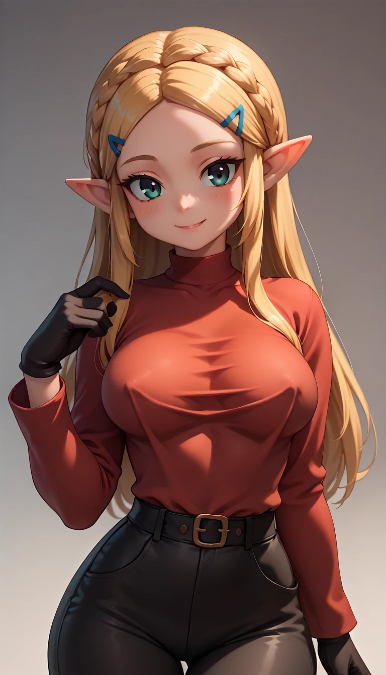 High resolution, Very detailed, perfect lighting, beautiful detailed eyes,   ((masterpiece,Best Quality)), absurdities, alone,     princess zelda, by the width, crown braid, Hair clip, pointy ears, Red shirt, long sleeves, Gloves without fingers, black gloves, Black pants, tight pants, smile, curves, nod,   ,  deep neckline, deep neckline, bare breasts, bare breasts, NSFW, visible nipples, visible nipples, Red shirt