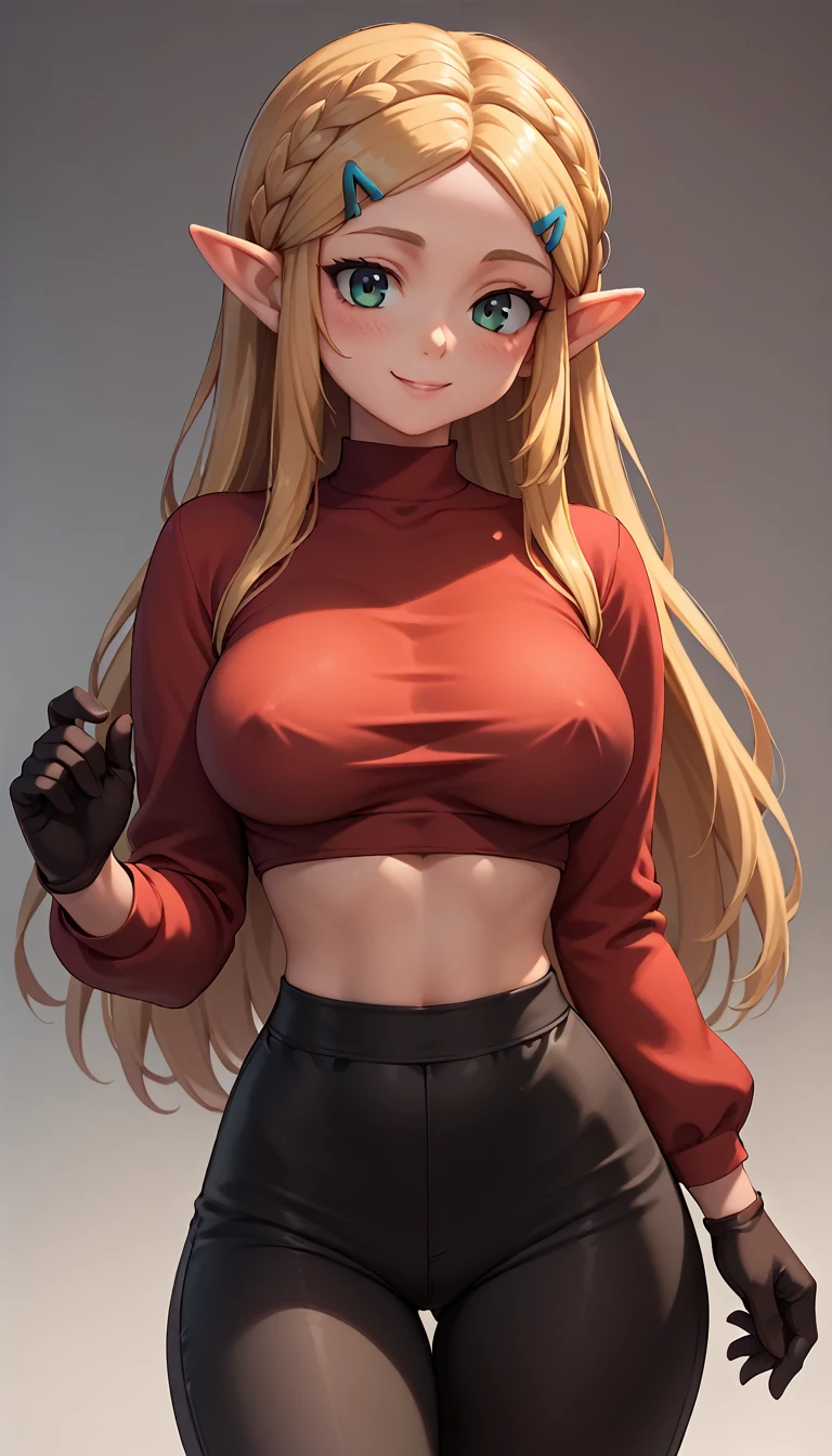 High resolution, Very detailed, perfect lighting, beautiful detailed eyes, ((masterpiece,Best Quality)), absurdities, alone, princess zelda, by the width, crown braid, Hair clip, pointy ears, Red shirt, long sleeves, Gloves without fingers, black gloves, Black pants, tight pants, smile, curves, nod, , deep neckline, deep neckline, bare breasts, bare breasts, NSFW, visible nipples, visible nipples, Red shirt