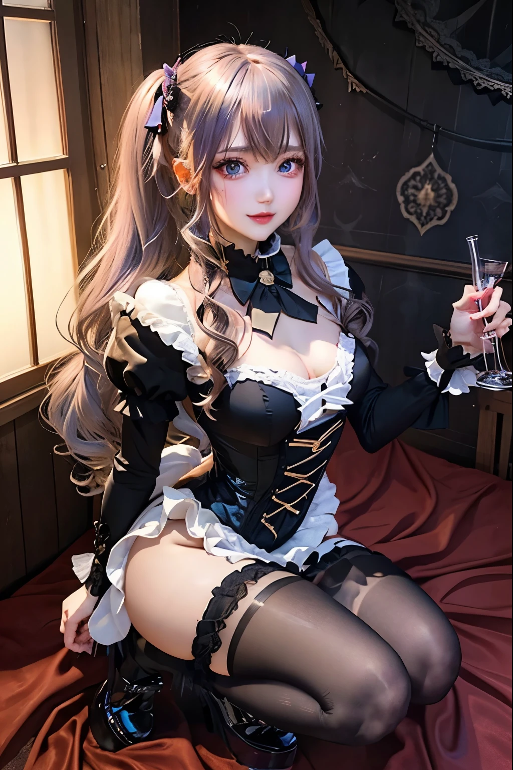 ハードなDark Gothicメイク、Black dark eyeshadow、sad、Good skin radiance、Dark Gothicメイク、Dark smile、palace、The beauty of fragrance、24-years-old、Expression of intense sexual pleasure、Embarrassed look、Dark Gothic、Highest quality、Expression of sexual pleasure without pain、Drunk face、Purple maid outfit、Mysterious、Noble、sexy、Loving smile、Twin tail hair、Right blue eye、Left eye is red、Super tempting pose、Platform Heel Shoes、Heavy makeup、Gothic ta clothes、Silver Hair、Long Hair Straight Hair、Cute Gothic Loliress、Beautiful Face、elegant features、Attractive face、Stained glassを背景に、Chest glistening with sweat、The room is dark、goth long dress、Bell Sleeves、Wizard Sleeve、Decadent look、Sexually excited expression、Glossy thighs wet with water、Thighs that are wet and shiny with oil、Background of a room full of roses、sad表情、Rose Maiden、The embroidery is pink、The dress has pink embroidery.、Thigh-high socks、Knee-high socks、Gentle expression、Dark black eyeshadow、Stained glassとバラの背景、thighs are a little thin、Female Duo、Female couple、dark church background、Stained glass、Black metal world、Dark Castle、Dark Room、Slender body、gothic long dress、Victorian dress、Small breasts、Hold the wine in your right hand、Hold the lantern in your left hand、pantyhose、The bed is covered with roses、Her thighs are shining with sweat、My body is wet and shiny、Lots of glitter on the thighs、sweating、私の太ももはsweatingでベタベタしている、Sweat glistening on my thighs、The whole body is sweaty and shiny、I sweated a lot.、My thighs are sweaty、Wet thighy thighs are shining with sweat、A lot of sweat glistening all over the body、Slender body、Put your head on the pillow、Sleeping on a bed、Beautiful legs、Legs stretched straight、Lie down in bed、Lie on your back in bed、Thin legs、hold a candle、