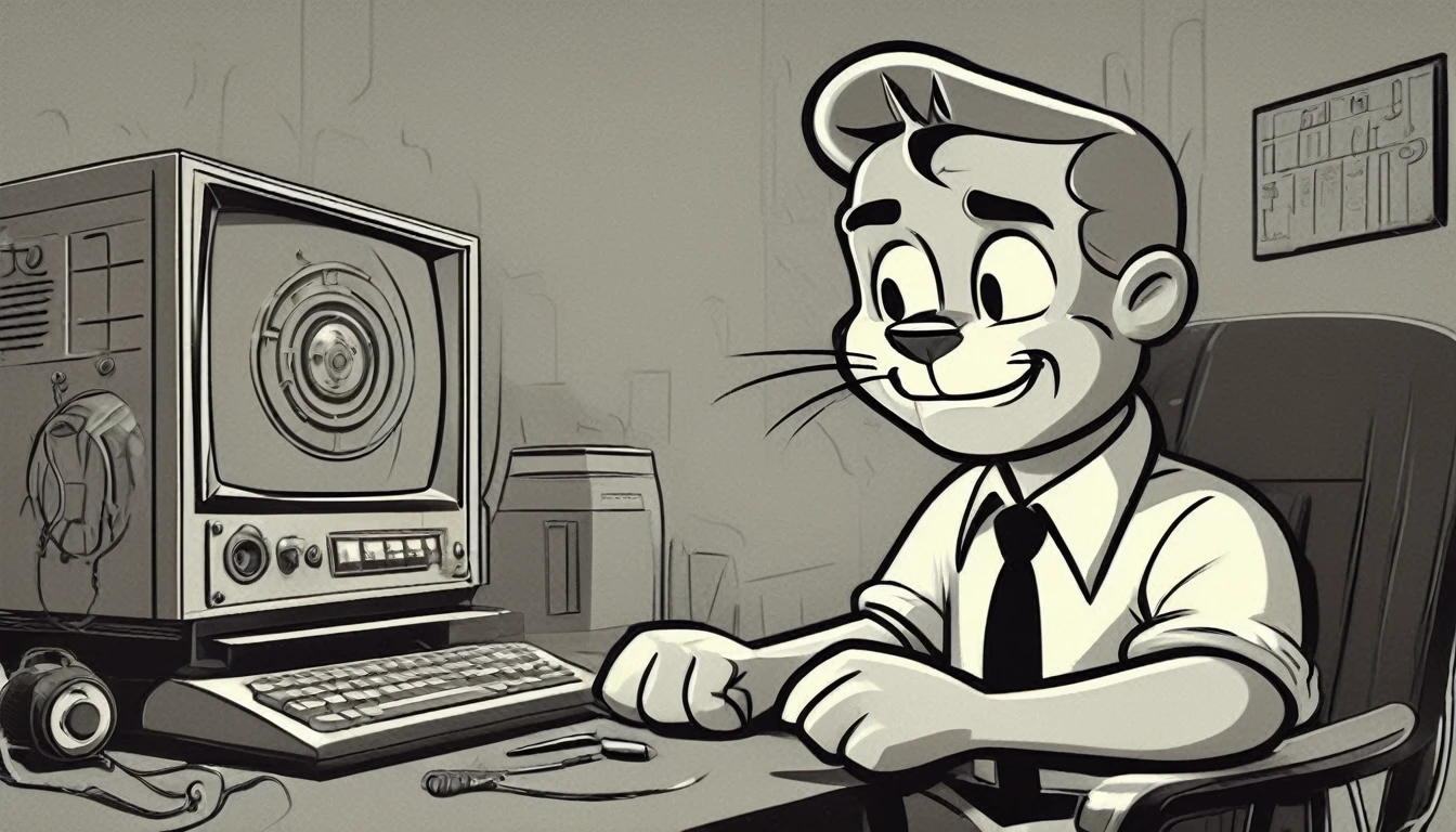 Generate an image in the style of a 1950s and 1960s advertisement featuring: personagem: cat (like the vault boy) in front of a computer (the cat is black and use a circular glasses with code reflex). The background should be simple and uncluttered. Use only this cores: limited color palette of gray tones Use: clear lines, thick lines, and bold outlines
