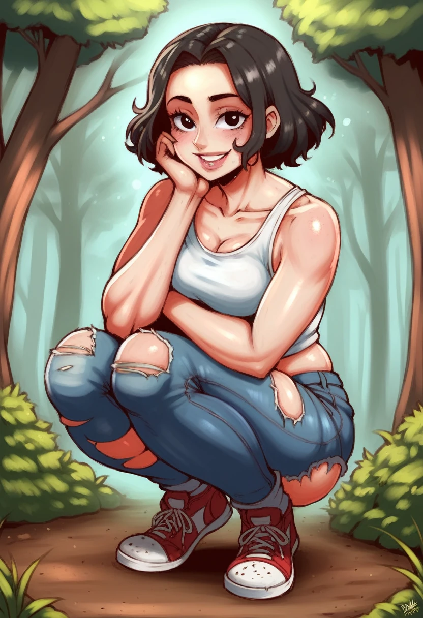 Faces are displayed clearly, creating an intense and focused atmosphere, realistic, detailed, HDR, UHD. A young woman with an exotic face of Indo-Arab crossbreed, black short hair, black eyes, plump body, black skinny, her body and cheeks are dirty with mud splashes, full body, bird's eyes view shot, wearing a white tank top tied with dirty mud splashes, torn jeans shorts, red sneakers. Squatting behind the woman was a smiling Indo-European woman hugging her. The background is a forest full of bushes.