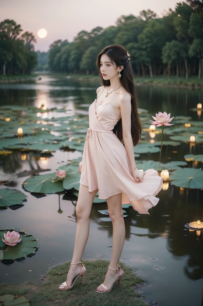 (((best quality))),(((ultra detailed))),(((masterpiece))),illustration,((1 beautiful young  girl,solo)),((slim,thin)),(shoulder length straight hair:1.2),((earrings,necklace)),((small breasts,flat chest)),(pink dress:1.3),((slender legs,high heels)),(beside the lotus pond full of lotus flowers:1.3), serene moonlight, ethereal,floral pattern, water movement, billowing fabric, tranquil,petals, fireflies, magical warm light, dreams, invitation, (standing:1.3),(arms behind back:1.2),gazing, inner thoughts, emotional, sweet scent, natural beauty, solitude, hypnotic lull, eternal summer,(night scene:1.3), natural world, human spirit, celebration, backdrop, glow,(from front:1.5),(full body:1.2)