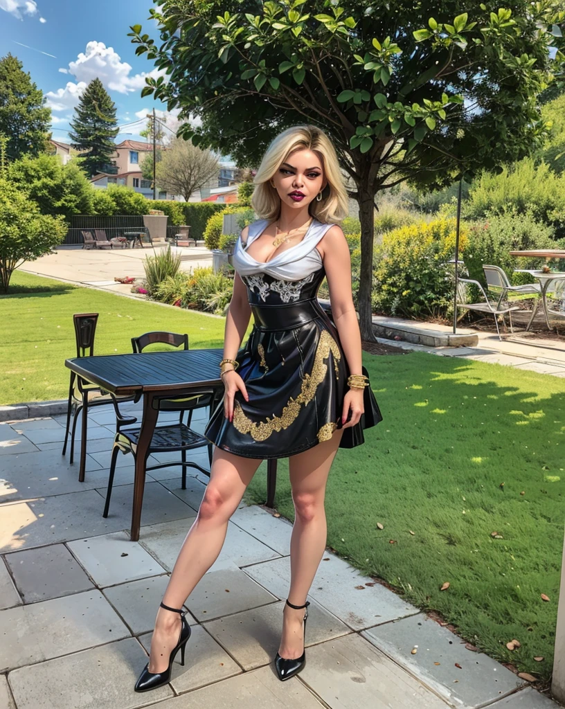 UHD 8k, HDR+, Tiffany, blonde hair, big piercing green eyes, makeup, mole above her mouth, heart-shaped tattoo, neckline, white dress, leather jacket, standing, blonde with a necklace, huge earrings, giant earrings, gold bracelets on her hands, high heels, high heels, Against the background of the chic modern apartment, detailed background, realistic, 1girl, solo girl, 25 year old girl, ultra realistic face, hyperrealistic, hyperdetailed, (looking at viewers), sharpen, detailed face, detailed eyes, detailed lips, red lips, beautiful face, 16k, FHD, raw photo, cute face mesh, pretty face mesh, portrait shot 8 k