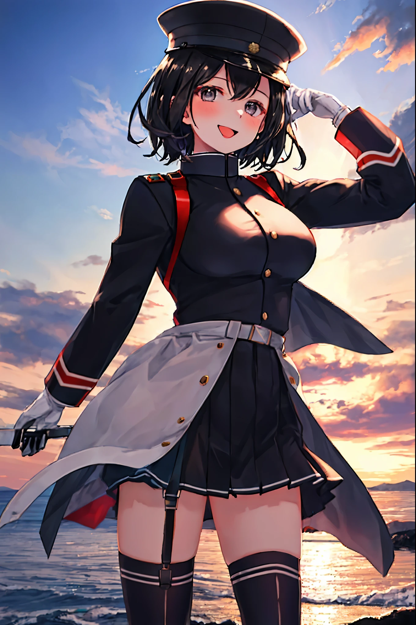 best quality, masterpiece, solo, {akitsu_maru_kantaicollection:1.15}, black_hair, short_hair, hat, peaked_cap, black_eyes, military, big_breasts, 1girl, black_headwear, looking_at_viewer,black_ military_uniform, uniform, military_hat, sea_landscape_background, smile,(plump:0.7),,black_thigh-highs,joylight_open_mouth,