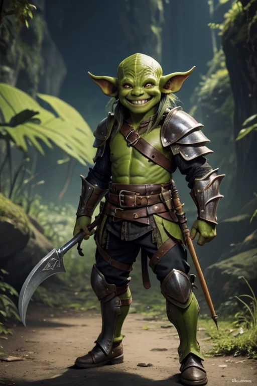 Goblin, smile, green skin, holding spear, leather armor, bravely standing