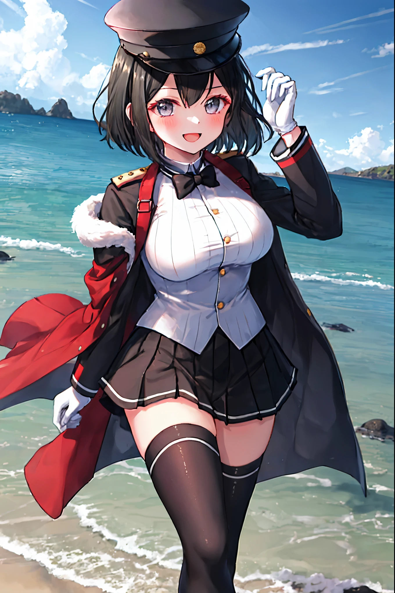 best quality, masterpiece, solo, {akitsu_maru_kantaicollection:1.15}, black_hair, short_hair, hat, peaked_cap, black_eyes, military, big_breasts, 1girl, black_headwear, looking_at_viewer,black_ military_uniform, uniform, military_hat, sea_landscape_background, smile,(plump:0.7),,black_thigh-highs,joylight_open_mouth,