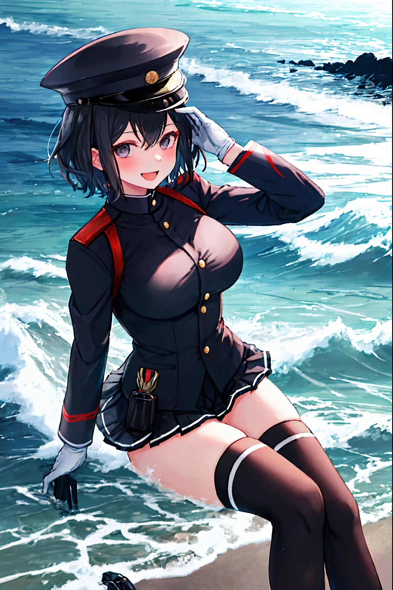 best quality, masterpiece, solo, {akitsu_maru_kantaicollection:1.15}, black_hair, short_hair, hat, peaked_cap, black_eyes, military, big_breasts, 1girl, black_headwear, looking_at_viewer,black_ military_uniform, uniform, military_hat, sea_landscape_background, smile,(plump:0.7),,black_thigh-highs,joylight_open_mouth,