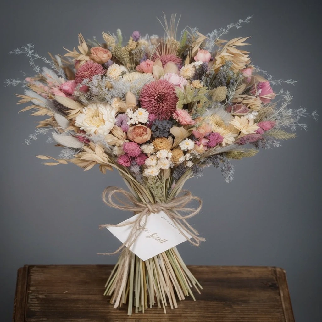 A bouquet of dried flowers, as in the picture, the colors are delicate and dry, the background is gray, without details, high detail, 3d render