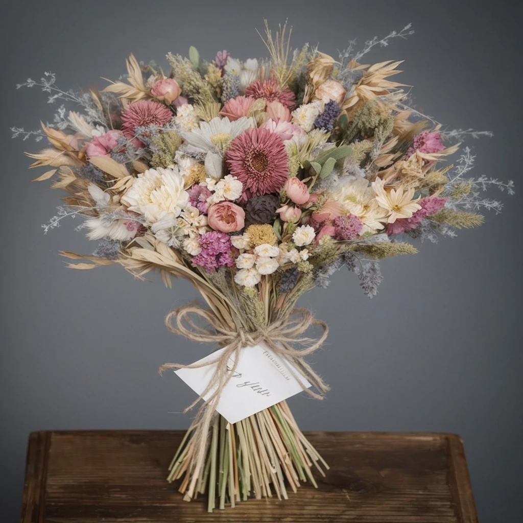 A bouquet of dried flowers, as in the picture, the colors are delicate and dry, the background is gray, without details, high detail, 3d render