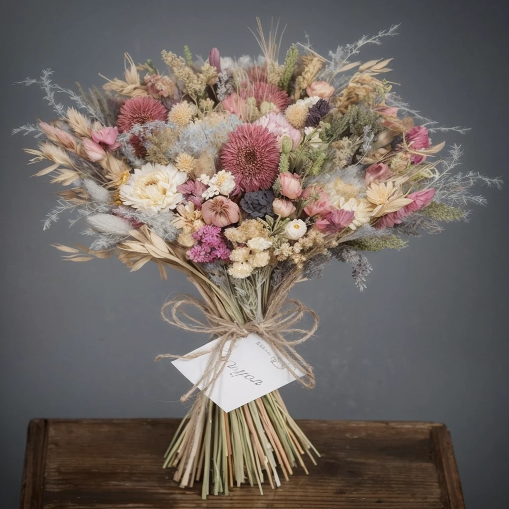 A bouquet of dried flowers, as in the picture, the colors are delicate and dry, the background is gray, without details, high detail, 3d render 