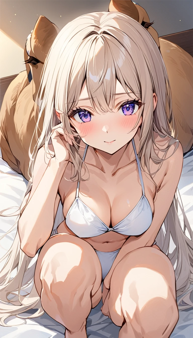 Sitting Woman, Beautiful woman squatting,28 years old, attractive girl,Angle from the front, there is a woman Sitting on the bed with her legs crossed,White bikini swimsuit,White panties,The camel's talons are visible through the, AV actress, Remu Suzumori,Sit on the bed, Japanese Model, A sophisticated gravure idol, Japanese Goddess, Sitting on the bed, Beautiful Face, Sit on the edge of the bed