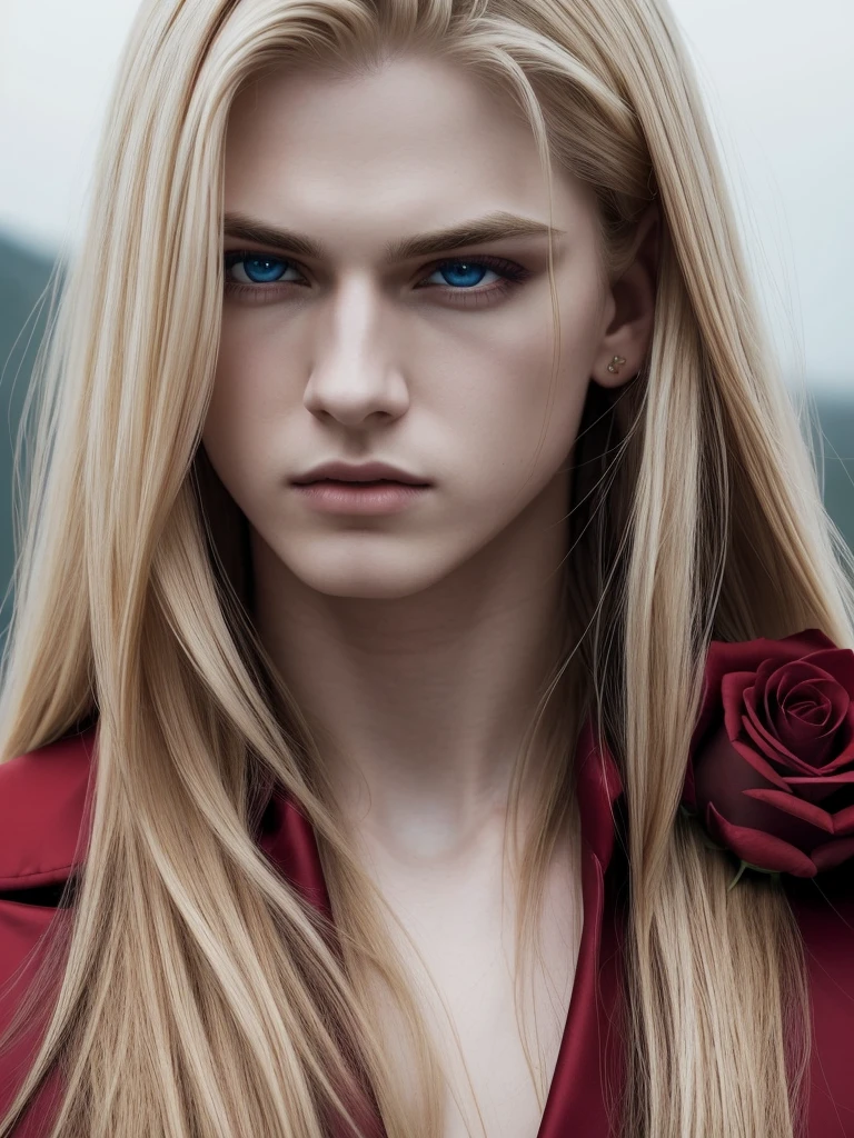 masterpiece, highest quality, (solo focus), (perfect face:1.1), (high detail:1.1), (hyper detailed eyes), dramatic, 1guy, (Pale skin), long blonde hair, (red irises), individual focus, Vampire, long hair, moon, night, Red luxury suit, pouty lips, castle, detailed background, art by artgerm, cinematic lighting, red roses, fashion