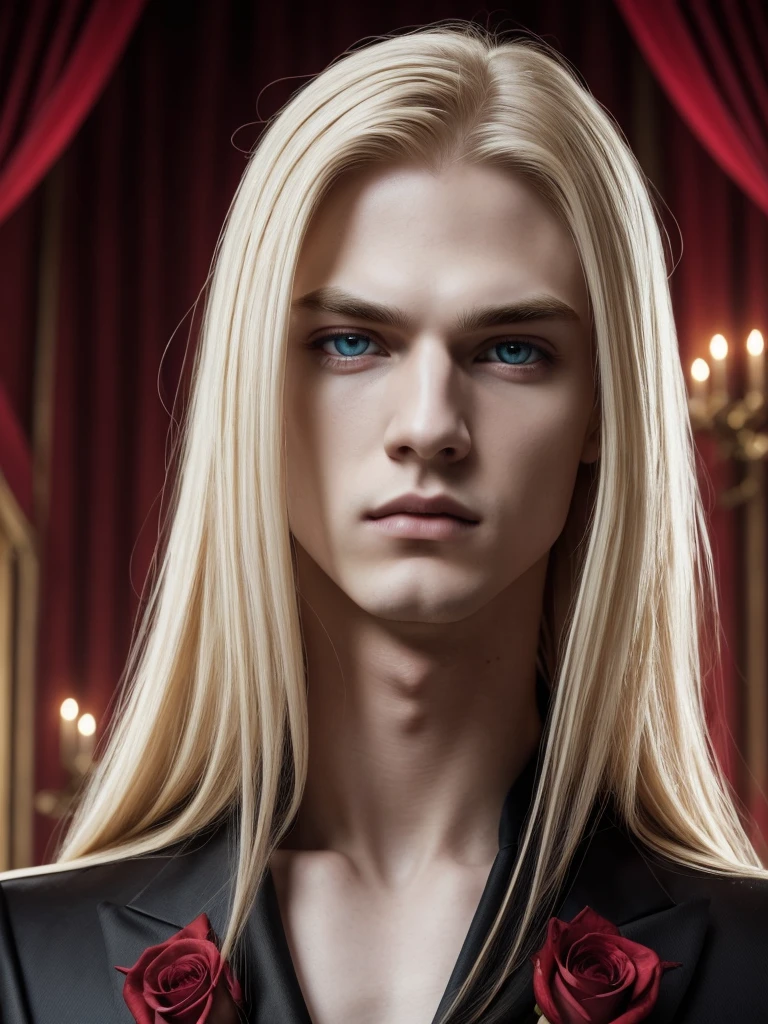 masterpiece, highest quality, (solo focus), (perfect face:1.1), (high detail:1.1), (hyper detailed eyes), dramatic, 1guy, (Pale skin), long blonde hair, (red irises), individual focus, Vampire, long hair, moon, night, Red luxury suit, pouty lips, castle, detailed background, art by artgerm, cinematic lighting, red roses, fashion