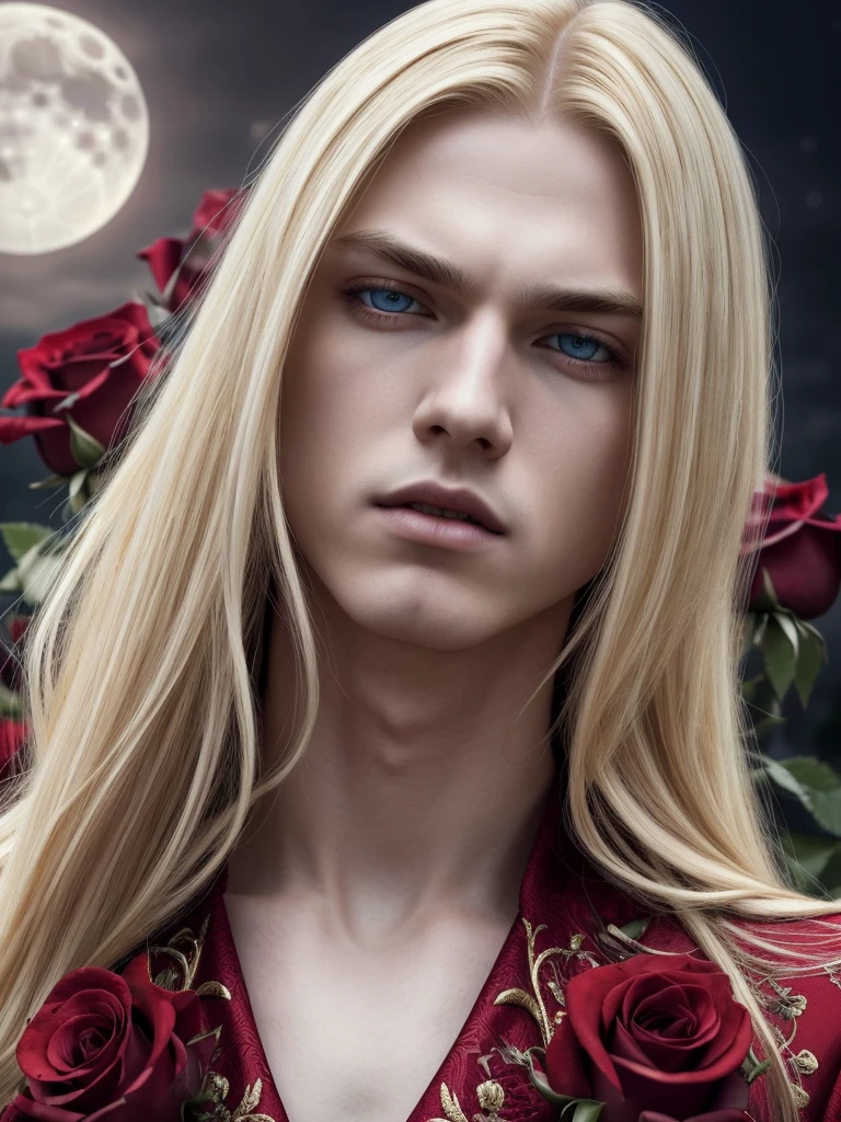 masterpiece, highest quality, (solo focus), (perfect face:1.1), (high detail:1.1), (hyper detailed eyes), dramatic, 1guy, (Pale skin), long blonde hair, (red irises), individual focus, Vampire, long hair, moon, night, Red luxury suit, pouty lips, castle, detailed background, art by artgerm, cinematic lighting, red roses, fashion