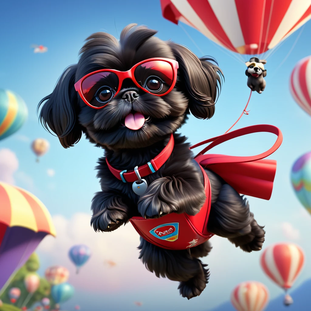 2 adorable small black shih tzu puppies, parachuting with red sunglasses, 3d cartoon, disney pixar style, cinematic lighting, photorealistic, 8k, highly detailed, soft focus, dynamic composition, vibrant colors, whimsical, charming, cute, playful