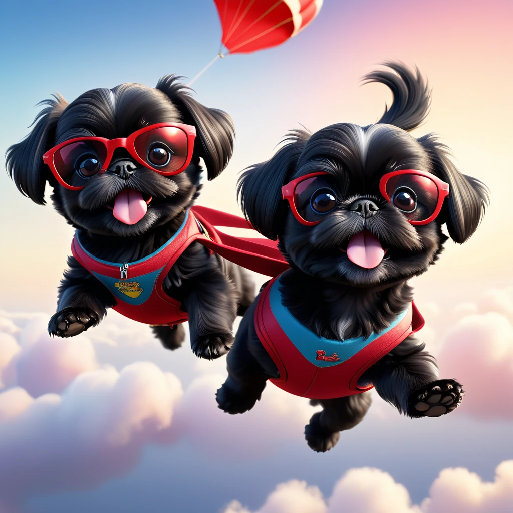 2 adorable small black shih tzu puppies, parachuting with red sunglasses, 3d cartoon, disney pixar style, cinematic lighting, photorealistic, 8k, highly detailed, soft focus, dynamic composition, vibrant colors, whimsical, charming, cute, playful