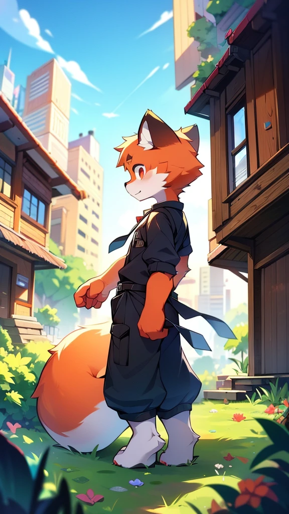 Red Panda Boy,8k resolution,Furry, Uniform attire,Red collar,feetは二つ,feetで立つ! towering,lanky,lanky,:slim body,:tall hands,feet,It's bright outside,Collapsed City,building,broken,・split arms,・bad anatomy,・bad body,