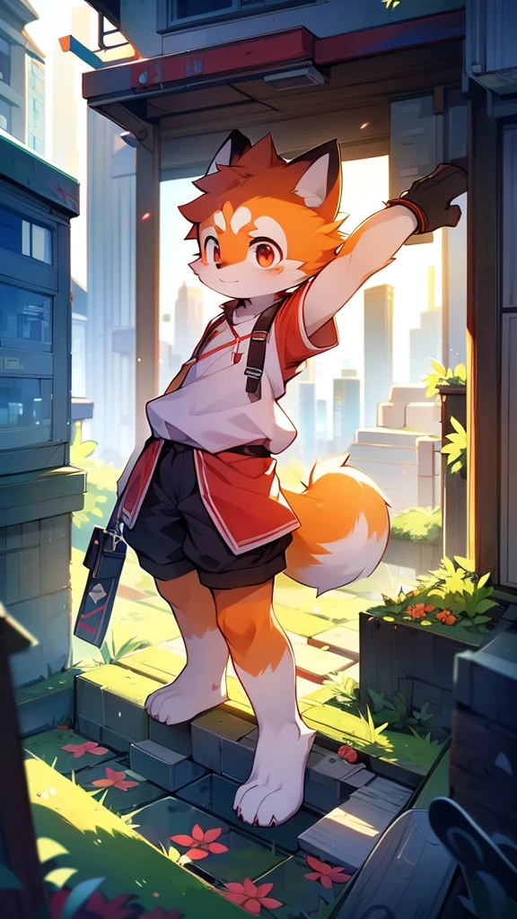 Red Panda Boy,8k resolution,Furry,          Uniform attire,Red collar,feetは二つ,feetで立つ！                   towering,lanky,lanky,：slim body,：tall hands,feet,It's bright outside,Collapsed City,building,broken,・split arms,・bad anatomy,・bad body,