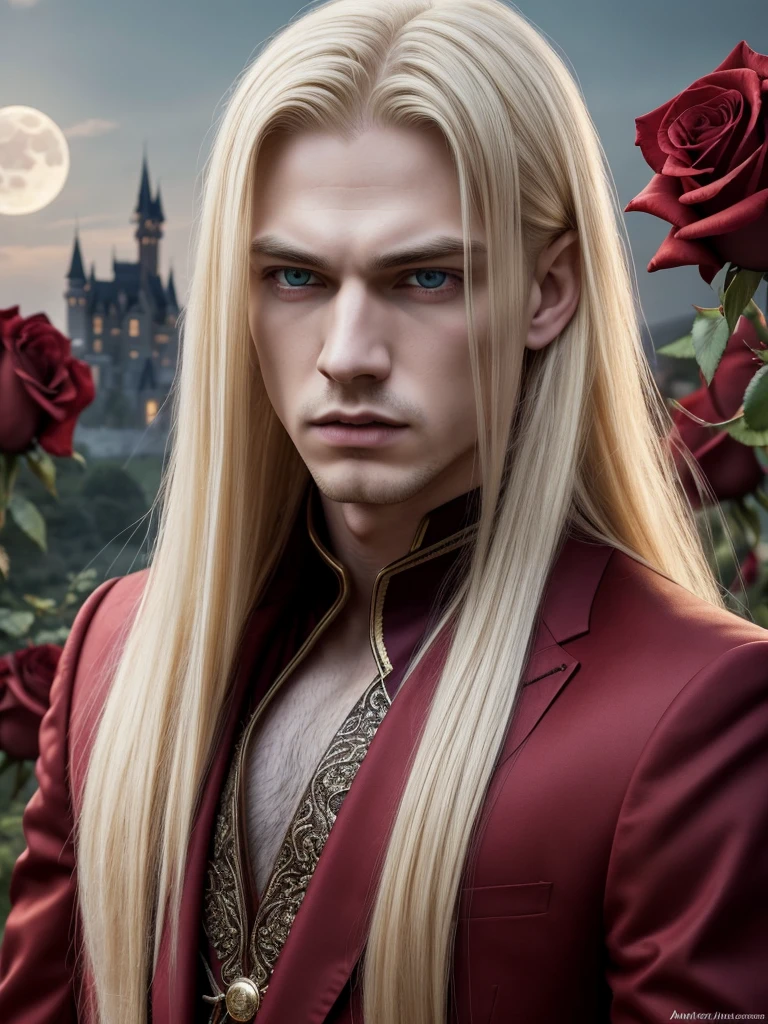 masterpiece, highest quality, (solo focus), (perfect face:1.1), (high detail:1.1), (hyper detailed eyes), dramatic, 1guy, (Pale skin), long blonde hair, (red irises), individual focus, Vampire, long hair, moon, night, Red luxury suit, pouty lips, castle, detailed background, art by artgerm, cinematic lighting, red roses, fashion