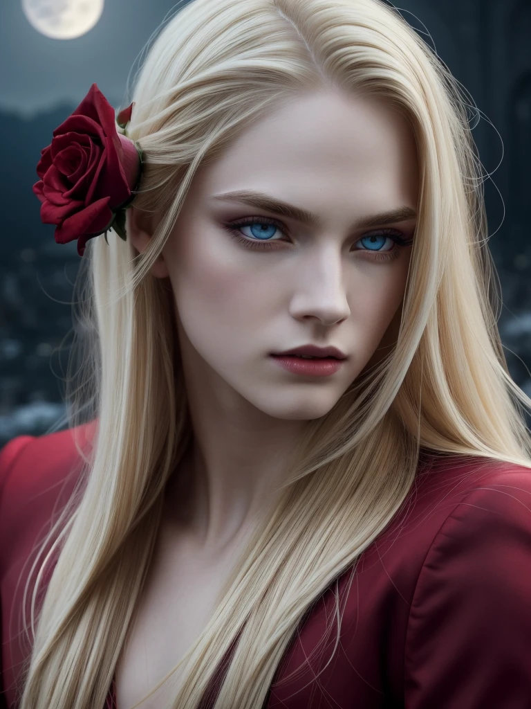 masterpiece, highest quality, (solo focus), (perfect face:1.1), (high detail:1.1), (hyper detailed eyes), dramatic, 1guy, (Pale skin), long blonde hair, (red irises), individual focus, Vampire, long hair, moon, night, Red luxury suit, pouty lips, castle, detailed background, art by artgerm, cinematic lighting, red roses, fashion