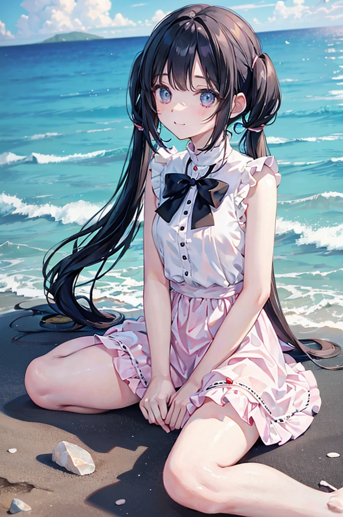 masterpiece, best quality, ultra detailed, outdoors, nature ,{Crystal-clear sea against a blue sky {{with white clouds}}}, seaside serenity, Breezy Beach , {simple background} ,reflective water, a girl, idol, happy, smiling, sitting on the floor, looking away ,medium twintail, black hair, {{curly}}, black hair, odd eyes, droopy eyes, pale skin, {{{all vivid pink sleeveless ruffle fluffy iolita costume}}}, {mini-skirt}  , at noon, nostalgic atmosphere, cel anime, full body shot, on right, from behind, golden ratio, golden hour, directional light, in focus with blurred background