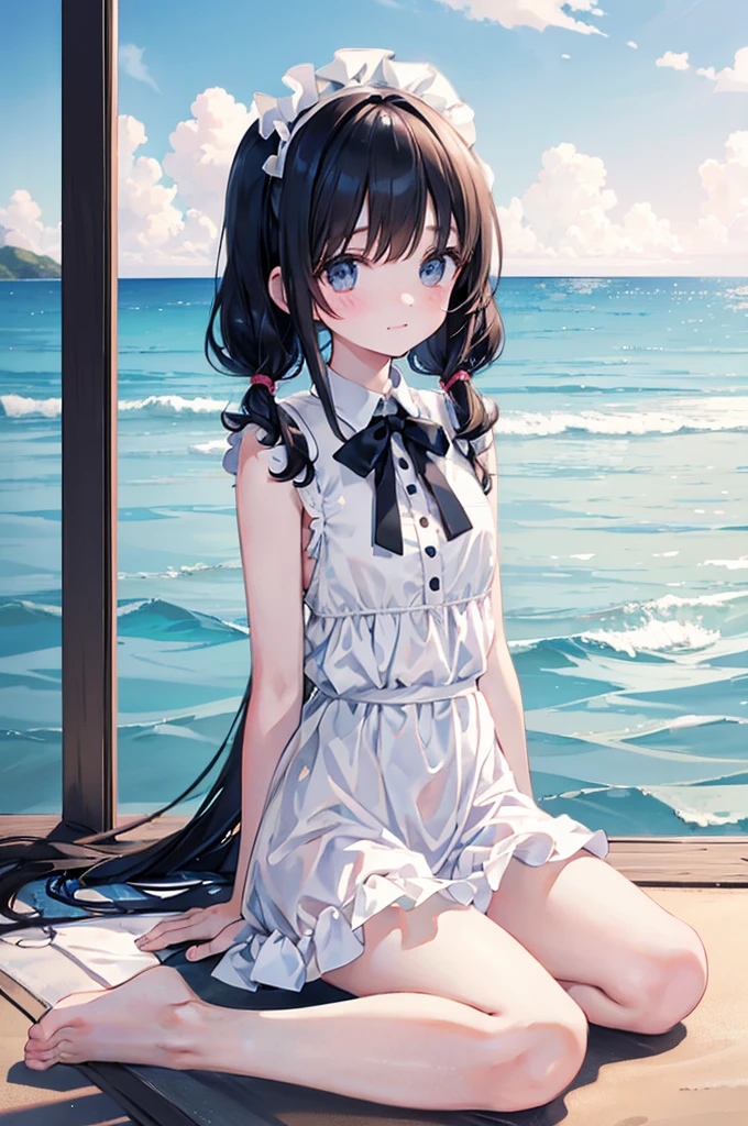 masterpiece, best quality, ultra detailed, outdoors, nature ,{Crystal-clear sea against a blue sky {{with white clouds}}}, seaside serenity, Breezy Beach , {simple background} ,reflective water, a girl, idol, happy, smiling, sitting on the floor, looking away ,medium twintail, black hair, {{curly}}, black hair, odd eyes, droopy eyes, pale skin, {{{all vivid pink sleeveless ruffle fluffy iolita costume}}}, {mini-skirt}  , at noon, nostalgic atmosphere, cel anime, full body shot, on right, from behind, golden ratio, golden hour, directional light, in focus with blurred background