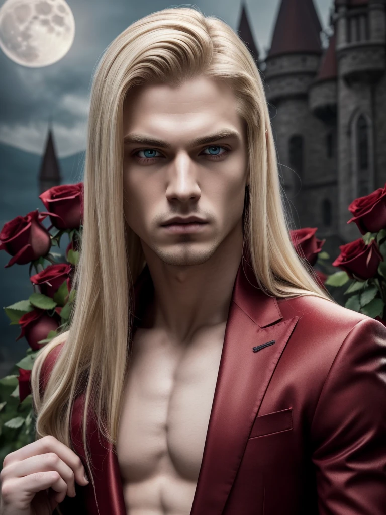 masterpiece, highest quality, (solo focus), (perfect face:1.1), (high detail:1.1), (hyper detailed eyes), dramatic, 1guy, (Pale skin), long blonde hair, (red irises), individual focus, Vampire, long hair, moon, night, Red luxury suit, pouty lips, castle, detailed background, art by artgerm, cinematic lighting, red roses, fashion