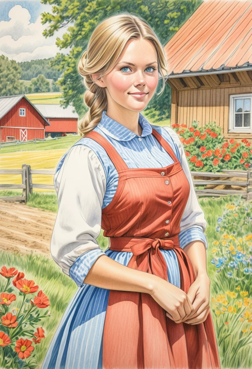A colored pencil sketch of a pretty swedish farm wife.