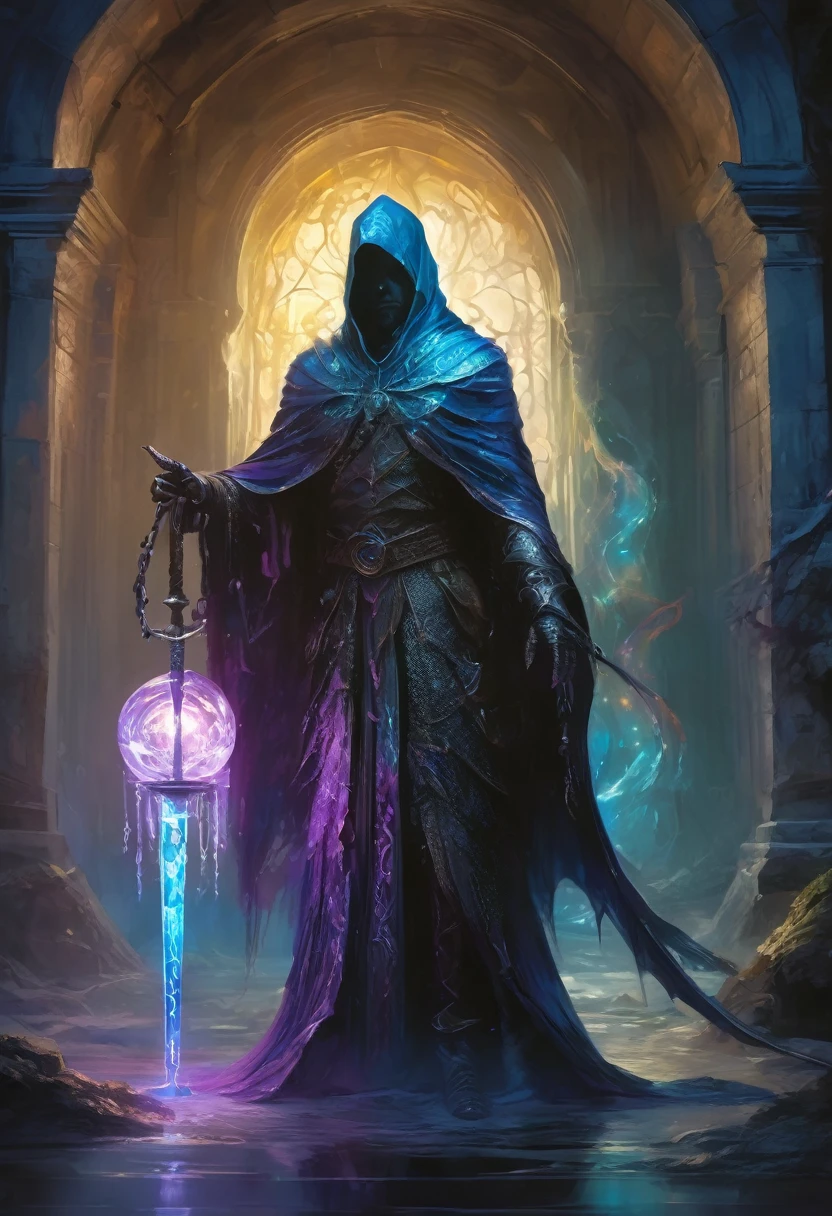 "ariel view of a fullbody skinny mask covered man with glowing eyes with a baby blue/purple algae glowing hatchling dragon wrapped around his shoulders, holds a bloody celestial orb staff filled with magic in his hand wears light dark leather armor and a spiked helmet with a dark rainbow vibrant cloak standing in a dark room of the castle illuminated by candles, elden ring dark fantasy ultradetailed 64k 3d hdr, bioluminescent,