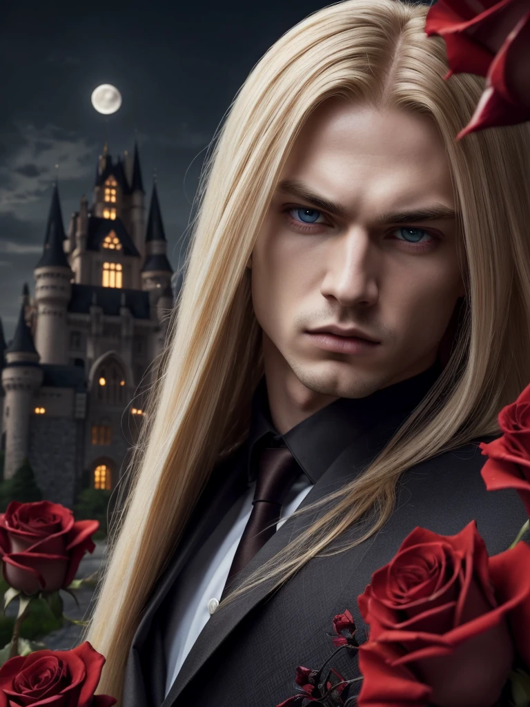 masterpiece, highest quality, (solo focus), (perfect face:1.1), (high detail:1.1), (hyper detailed eyes), dramatic, 1guy, (Pale skin), long blonde hair, (red irises), individual focus, Vampire, long hair, moon, night, Red luxury suit, pouty lips, castle, detailed background, art by artgerm, cinematic lighting, red roses, fashion